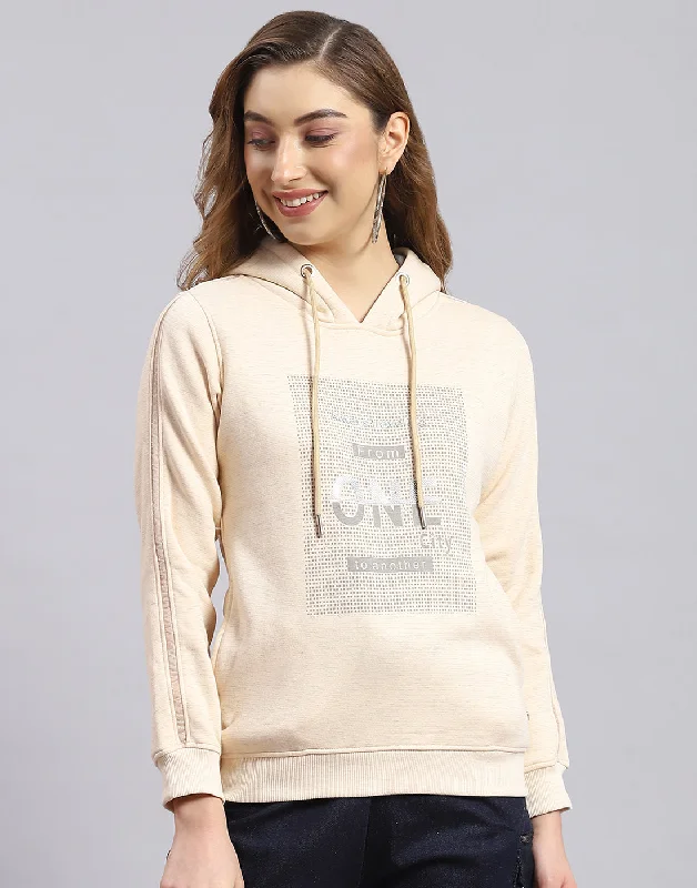 Women Beige Printed Hooded Full Sleeve Sweatshirt