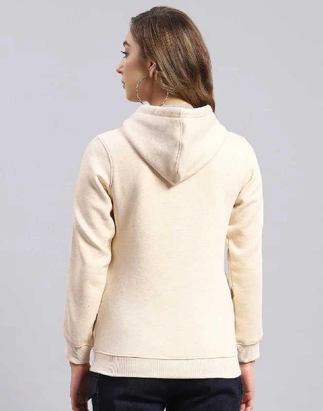 Women Beige Printed Hooded Full Sleeve Sweatshirt