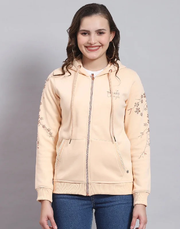 Women Beige Printed Hooded Full Sleeve Sweatshirt