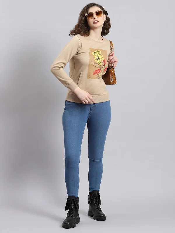 Women Beige Printed Round Neck Full Sleeve Sweatshirt