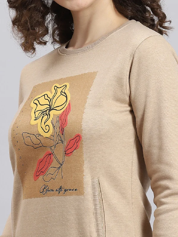 Women Beige Printed Round Neck Full Sleeve Sweatshirt