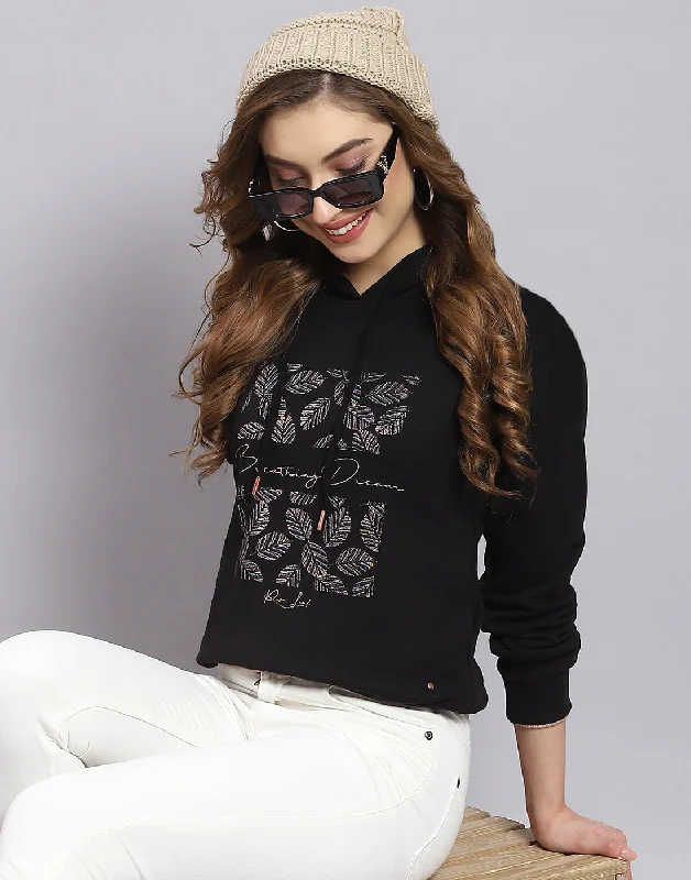 Women Black Embroidered Hooded Full Sleeve Sweatshirt