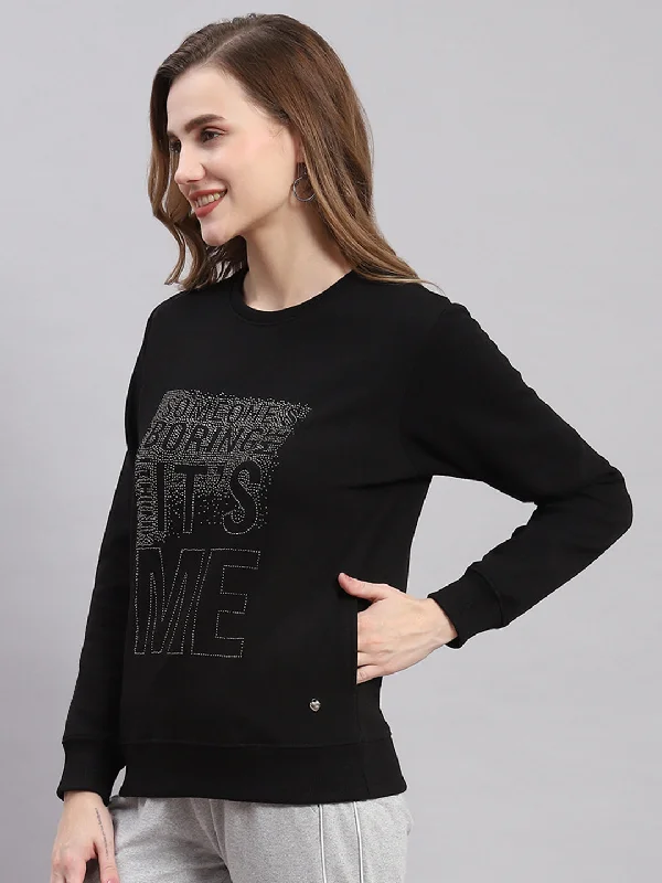 Women Black Printed Round Neck Full Sleeve Sweatshirts