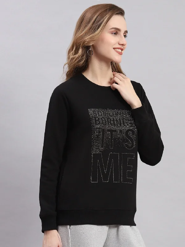 Women Black Printed Round Neck Full Sleeve Sweatshirts