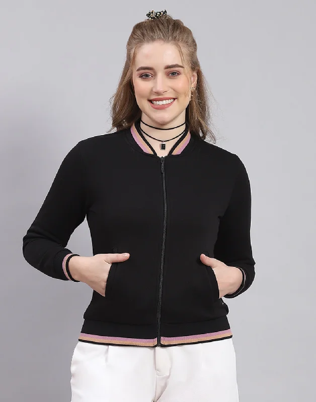 Women Black Solid Mandarin Collar Full Sleeve Sweatshirt