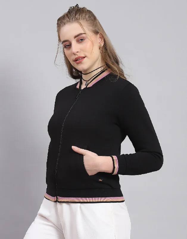 Women Black Solid Mandarin Collar Full Sleeve Sweatshirt