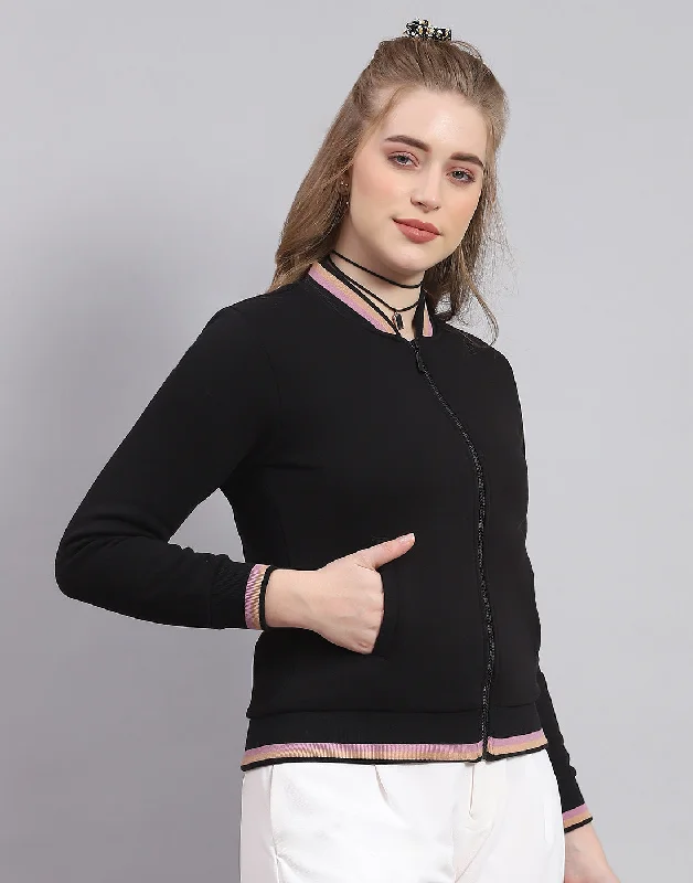 Women Black Solid Mandarin Collar Full Sleeve Sweatshirt