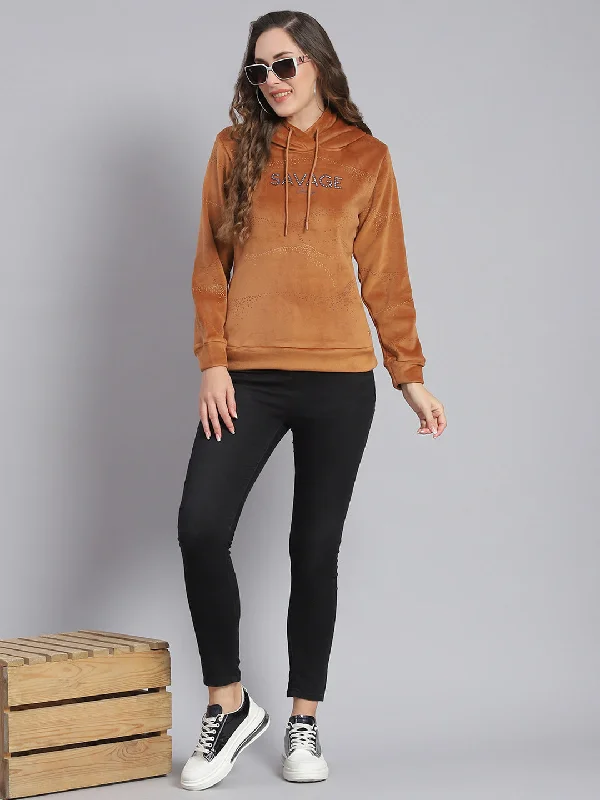 Women Brown Printed Hooded Full Sleeve Sweatshirts