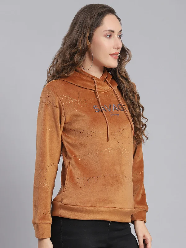 Women Brown Printed Hooded Full Sleeve Sweatshirts