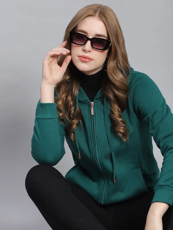 Women Green Solid Hooded Full Sleeve Sweatshirts