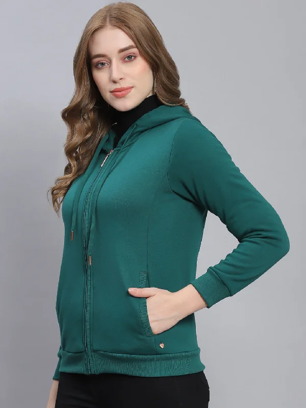 Women Green Solid Hooded Full Sleeve Sweatshirts