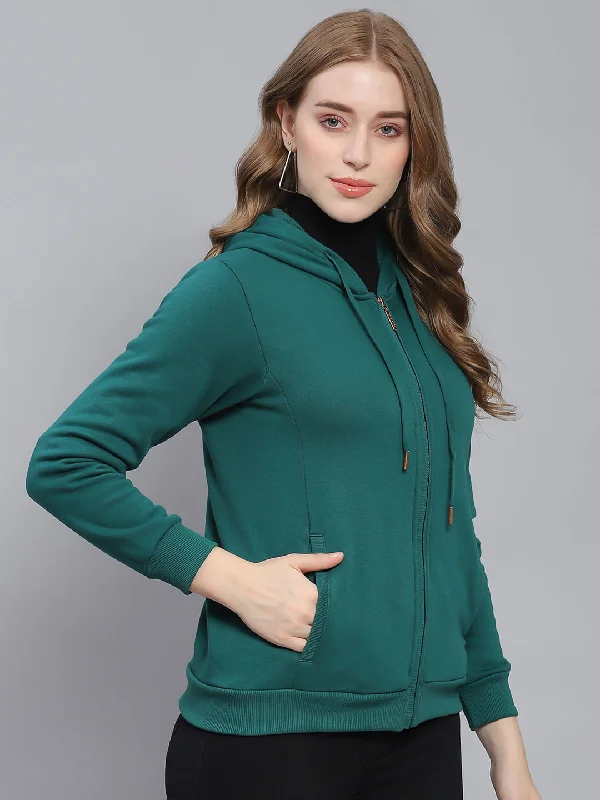 Women Green Solid Hooded Full Sleeve Sweatshirts