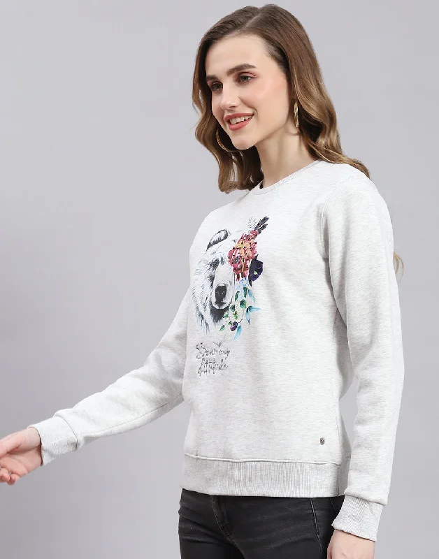 Women Grey Embroidered Round Neck Full Sleeve Sweatshirt