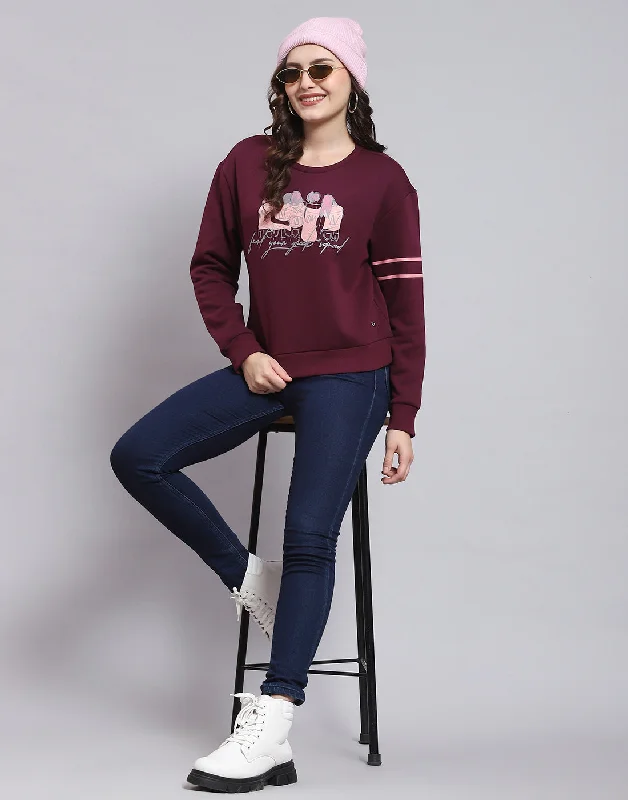 Women Maroon Printed Round Neck Full Sleeve Sweatshirt