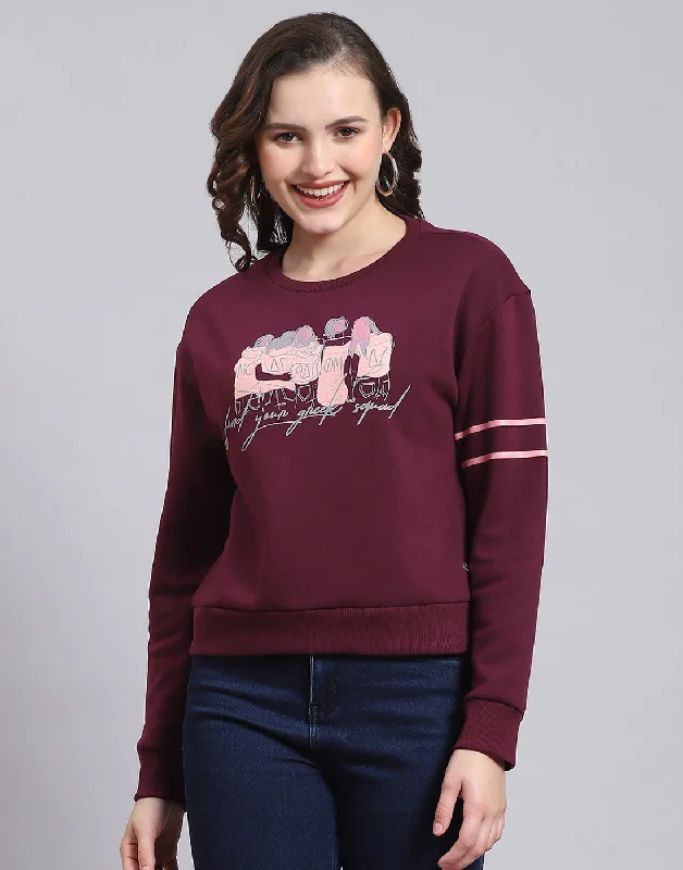 Women Maroon Printed Round Neck Full Sleeve Sweatshirt