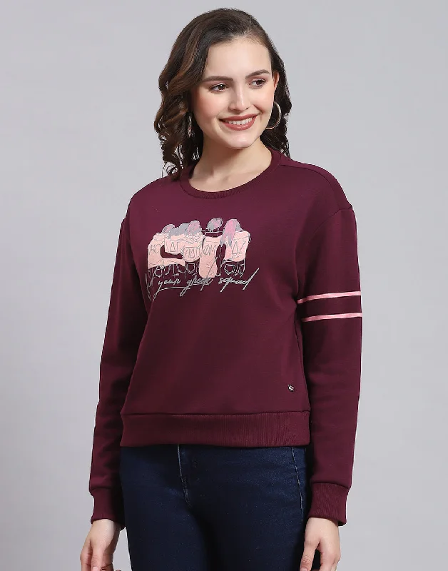 Women Maroon Printed Round Neck Full Sleeve Sweatshirt