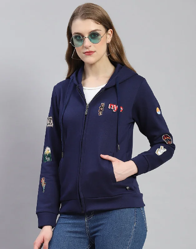 Women Navy Blue Embroidered Hooded Full Sleeve Sweatshirt