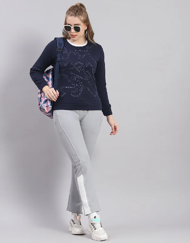 Women Navy Blue Printed Round Neck Full Sleeve Sweatshirt