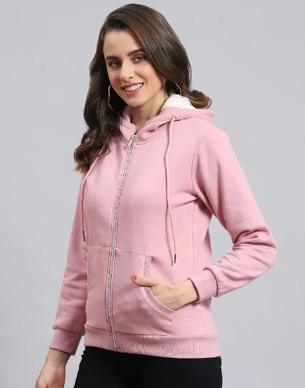 Women Pink Solid Hooded Full Sleeve Sweatshirt