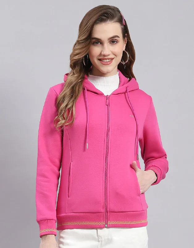 Women Pink Solid Hooded Full Sleeve Sweatshirt