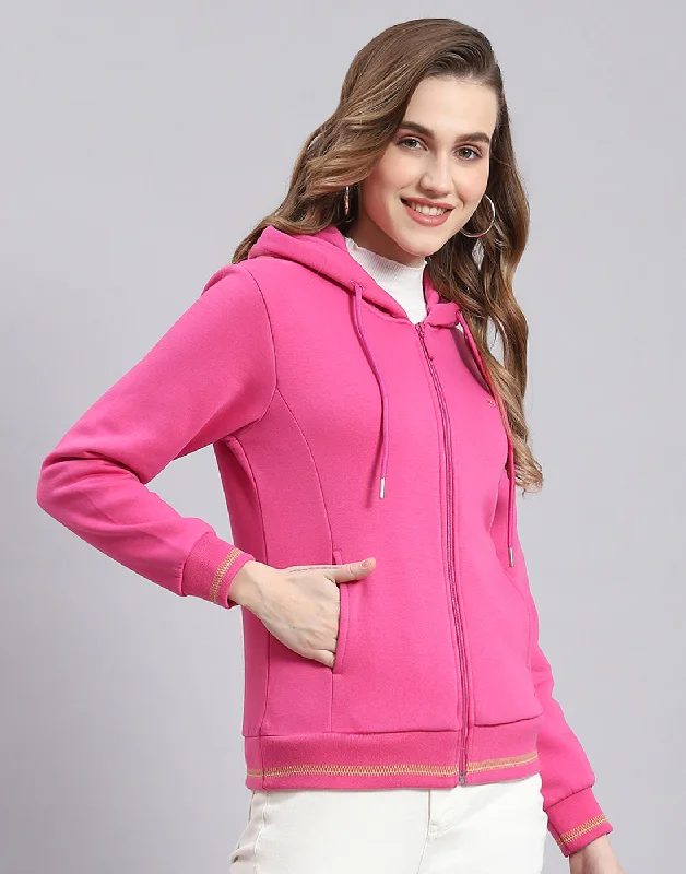 Women Pink Solid Hooded Full Sleeve Sweatshirt