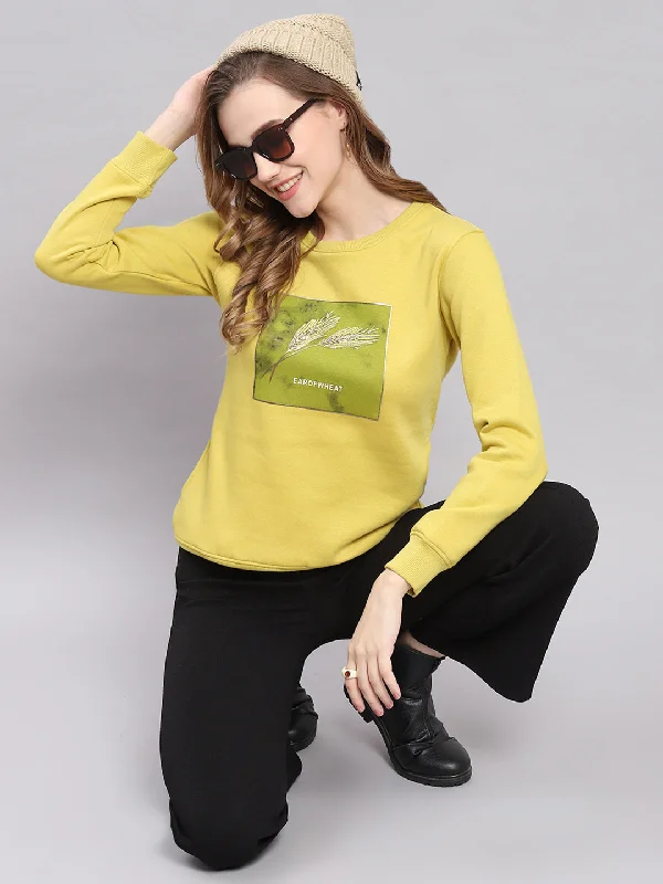 Women Yellow Printed Round Neck Full Sleeve Sweatshirts