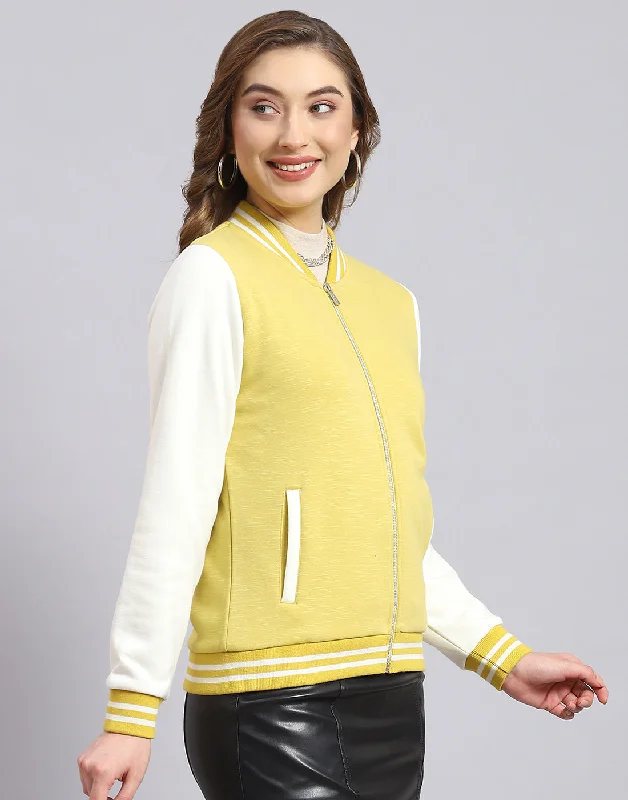 Women Yellow Solid Stand Collar Full Sleeve Sweatshirt