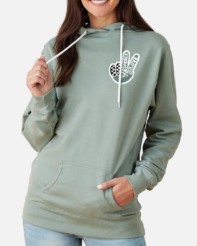 WOMENS PEACE LOVE MOTO HOODIE - SAGE GREEN